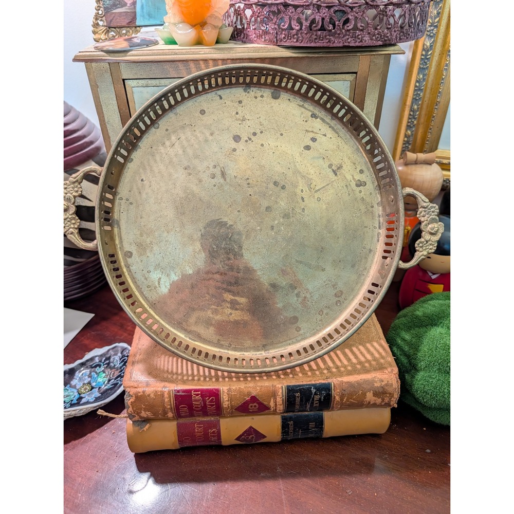 Vintage Round Brass Gallery Tray 10 Inch Ornate Floral Handles Hollywood Regency